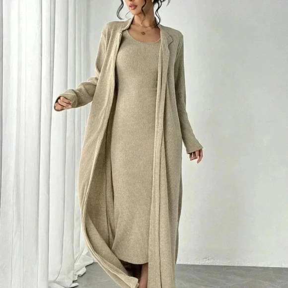 Khaki Casual Women's Plush Long Skirt & Cardigan Two-Piece Set - Picture 4 of 5